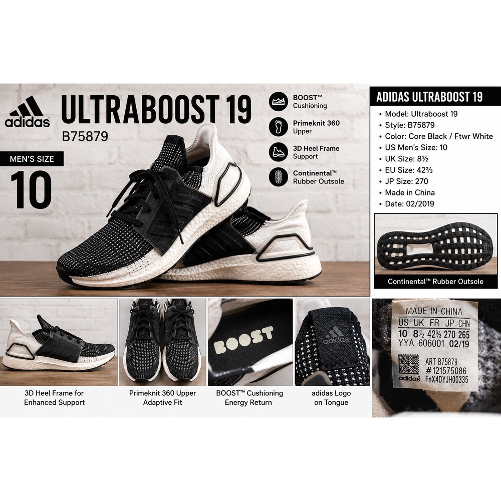 Adidas Ultraboost 19 Mens Running Shoes Core Black White B75879 Size 10